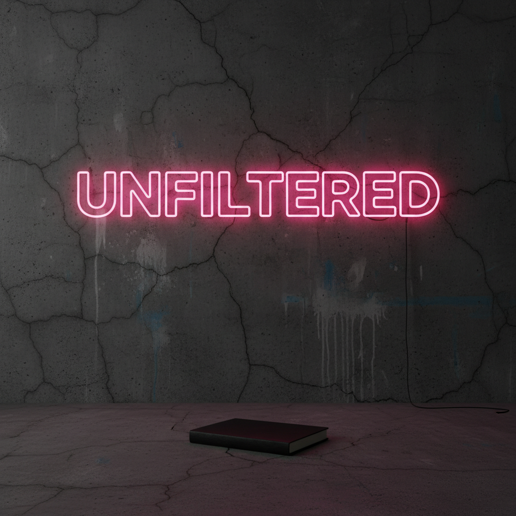 A cracked, charcoal-gray concrete wall with a single bold neon sign reading “UNFILTERED” in capital letters, glowing in electric hot pink against the rough, imperfect surface. Faint streaks of old paint and subtle water stains add gritty texture to the background. On the ground below, a simple, closed notebook with a matte black cover rests slightly off-center on the same concrete, its edges worn from constant use. Dramatic side lighting in a dark studio setting creates strong contrast, with the neon light casting vivid reflections on the notebook’s surface. Captured straight on with a centered composition in photographic realism, the atmosphere feels rebellious, honest, and confrontational—suggesting radical self-honesty and bold personal transformation.