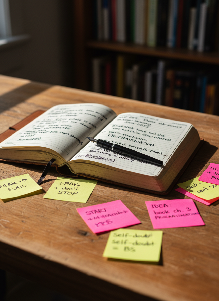 A well-worn hardcover journal lying open on a raw, unvarnished wooden desk, its cream pages filled with bold, messy handwriting and crossed-out lines, with a black ink pen resting diagonally across the center fold. Around it, scattered sticky notes in saturated yellows and pinks show half-finished ideas and honest, unpolished words. Afternoon sunlight pours in from an unseen side window, casting sharp, dramatic shadows and highlighting the paper’s subtle texture. Shot from a slightly elevated, eye-level angle in photographic realism, with a shallow depth of field that softly blurs the rough desk edges and a distant, out-of-focus bookshelf. The mood is raw, candid, and energizing, capturing the unfiltered process of personal growth and self-reflection.