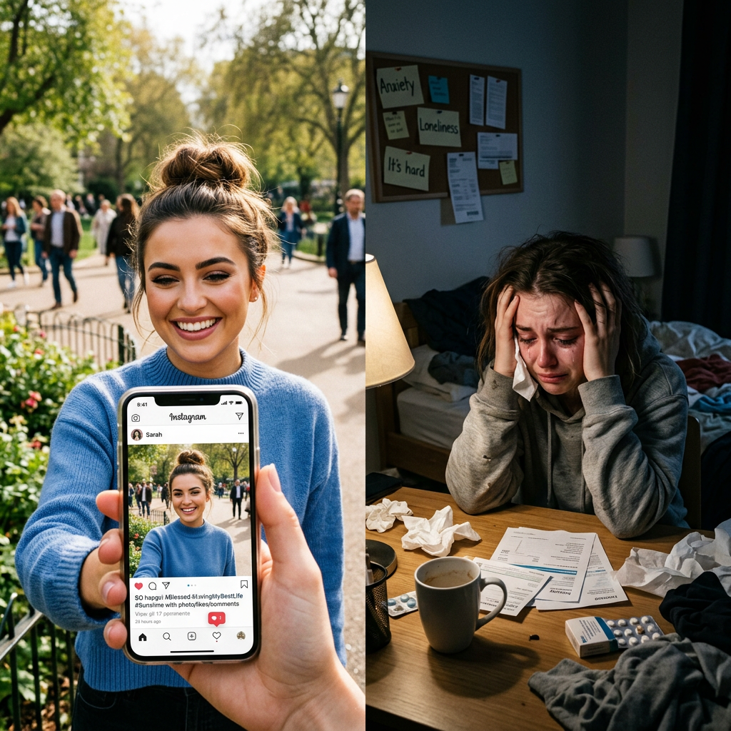 Side-by-side of a cheerful woman showing a happy Instagram post and her crying alone in a dimly lit room