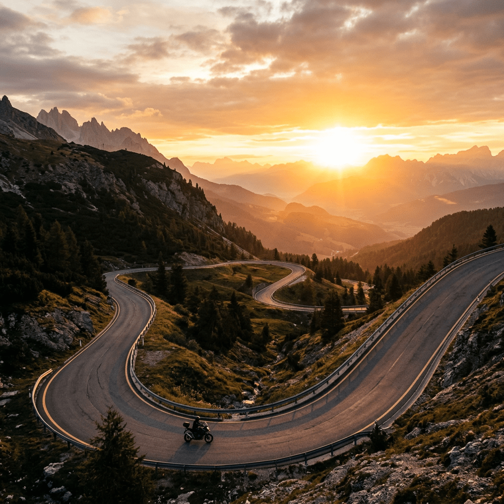 Motorcycle traveling on a curvy mountain road at sunset with scenic views