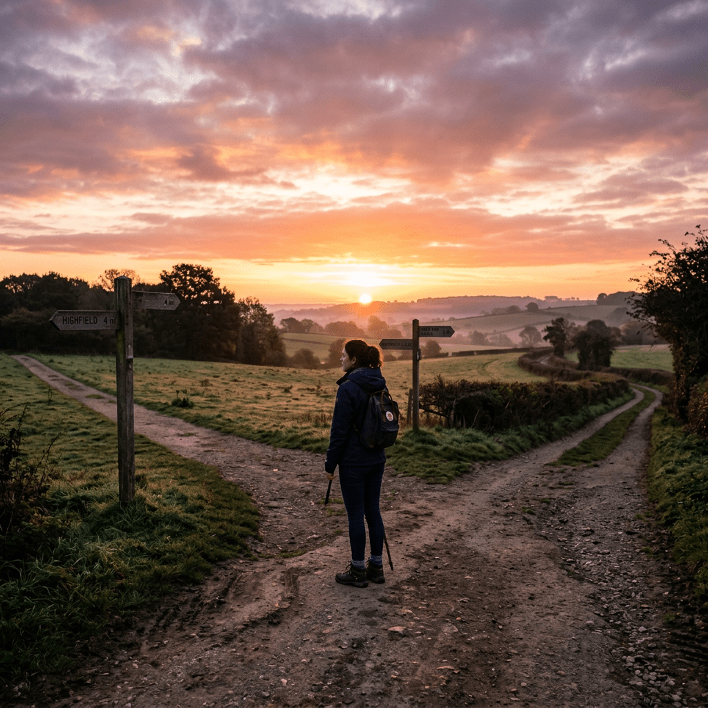 Person standing at a rural fork in a dirt path at sunrise