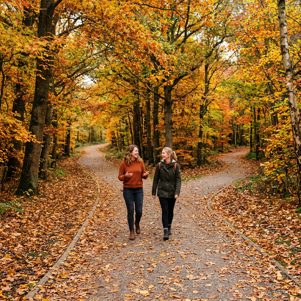 Two women walking and talking on a leaf-covered forest path in autumn