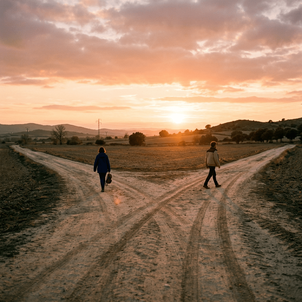 Two people walking on diverging dirt roads at sunset in a rural landscape
