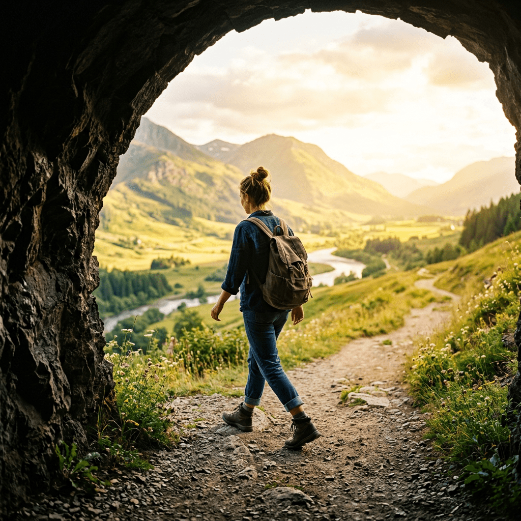 Hiker walking out of cave onto sunlit valley path with mountains