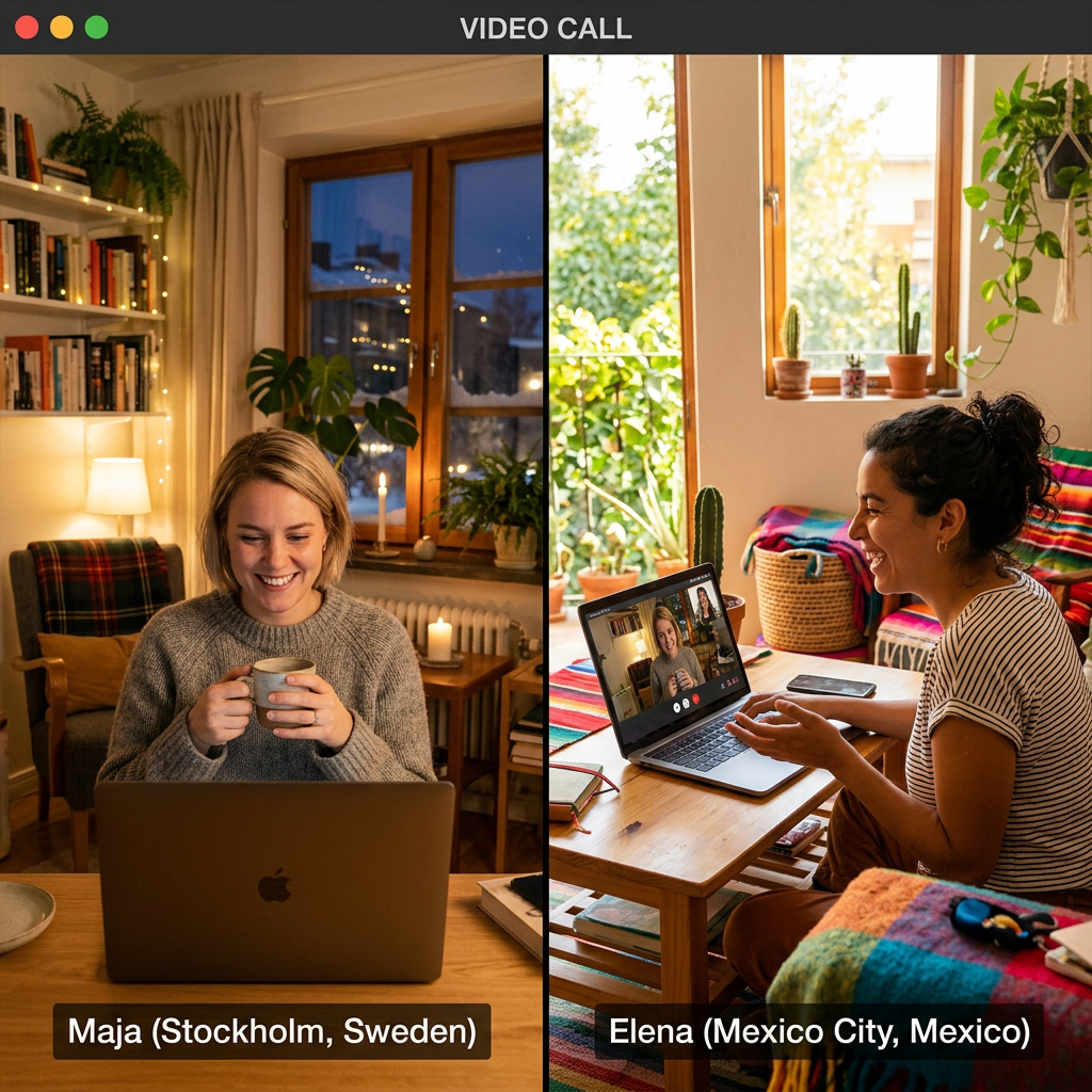 Two women video chatting from homes in Stockholm and Mexico City