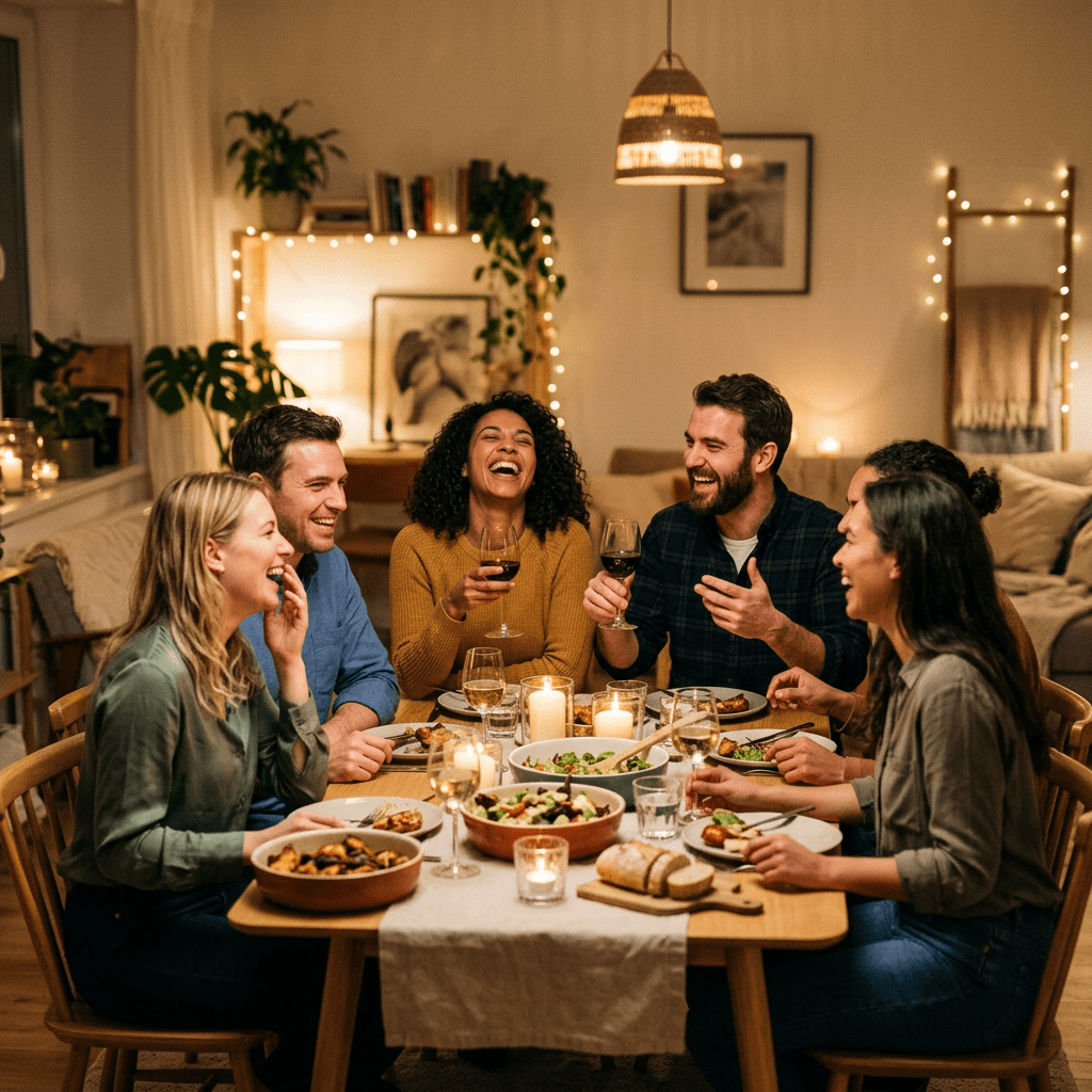 Six friends laughing and dining together at a cozy table with candles and wine