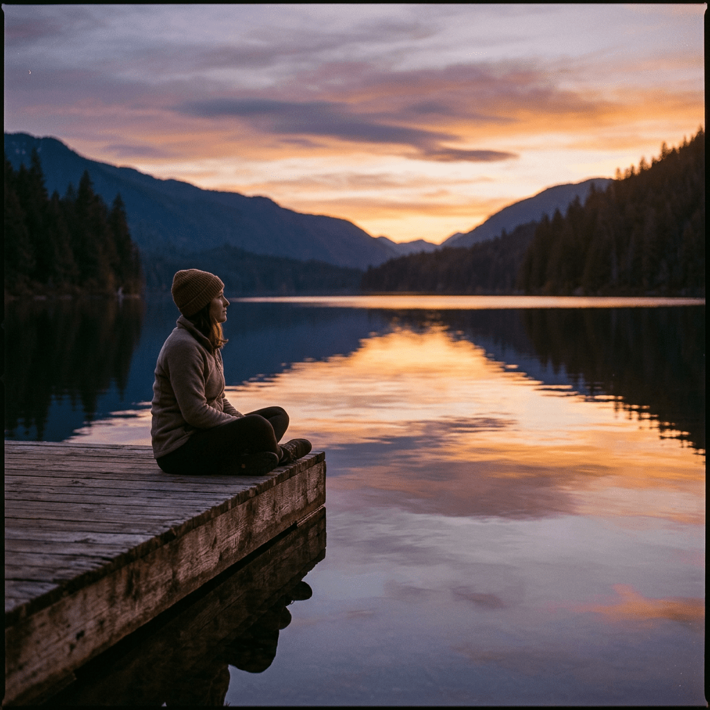 Person sitting cross-legged on wooden dock by calm lake at sunset with mountains and trees