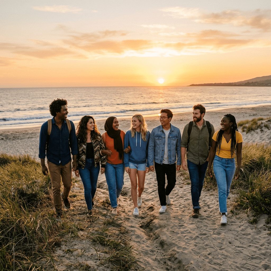 Seven friends walking along a sandy beach at sunset, smiling and talking