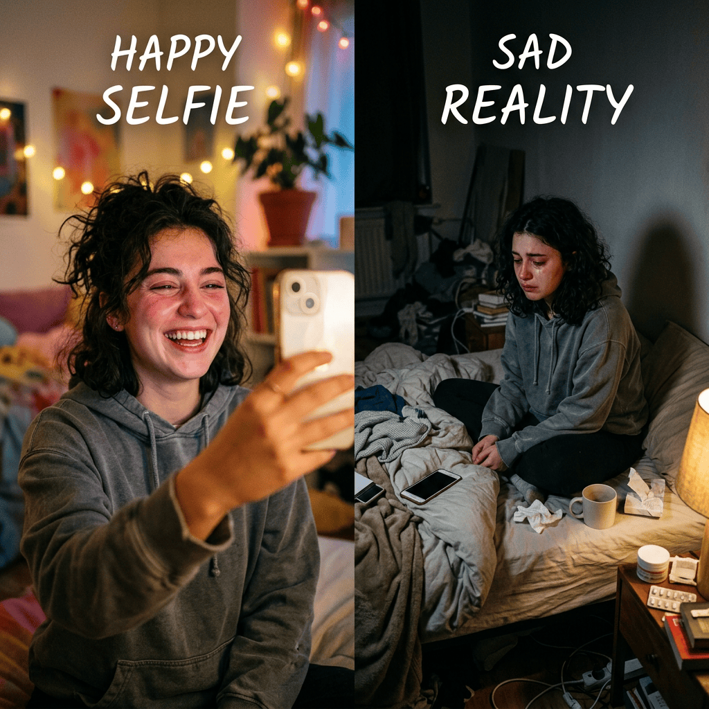 Young woman smiling happily taking a selfie and same woman crying alone in dimly lit room