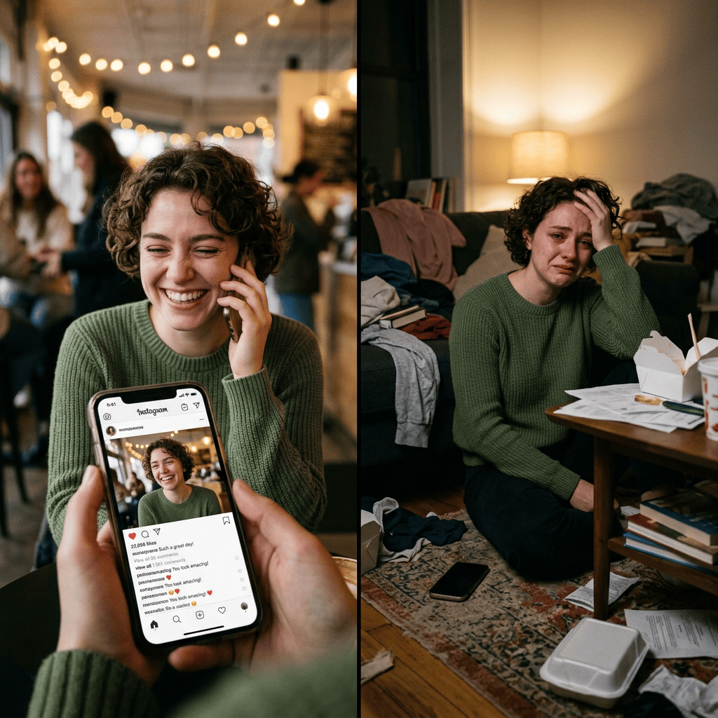 Side-by-side photos of a woman smiling while talking on phone in a café and crying alone in a messy room